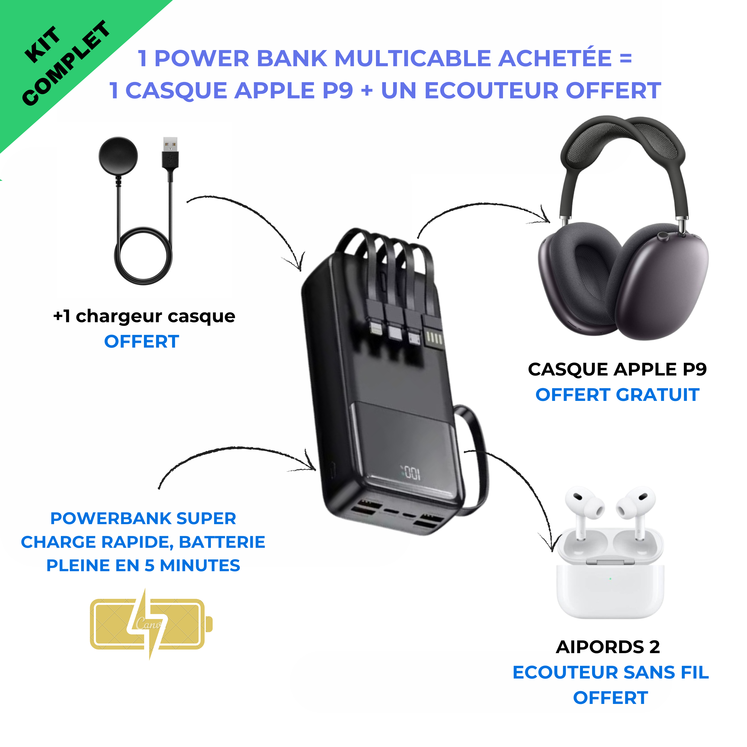 Powerbank + Casque apple P9 + Ecouteur Airpods ( 2 cadeaux offert )