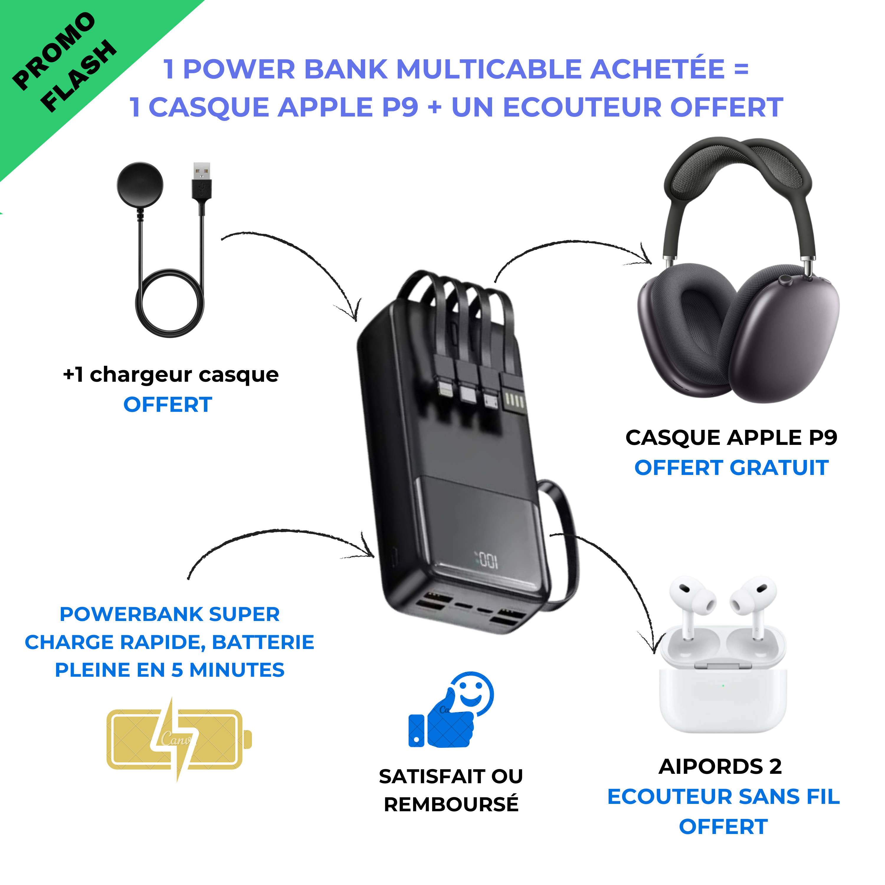 Powerbank + Casque apple P9 + Ecouteur Airpods ( 2 cadeaux offert )