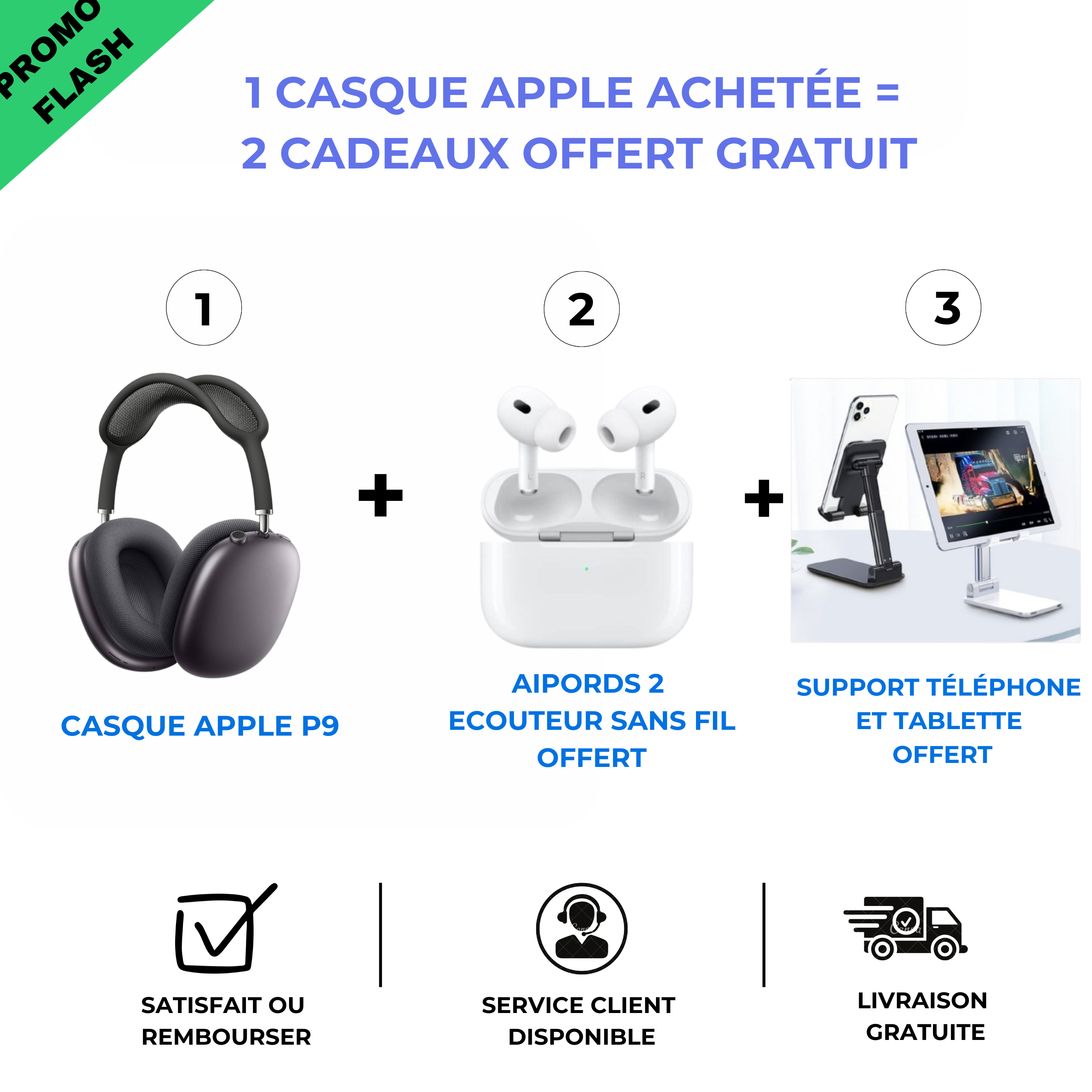 Casque apple P9 + Support de telephone et tablette + Ecouteur aipods 2