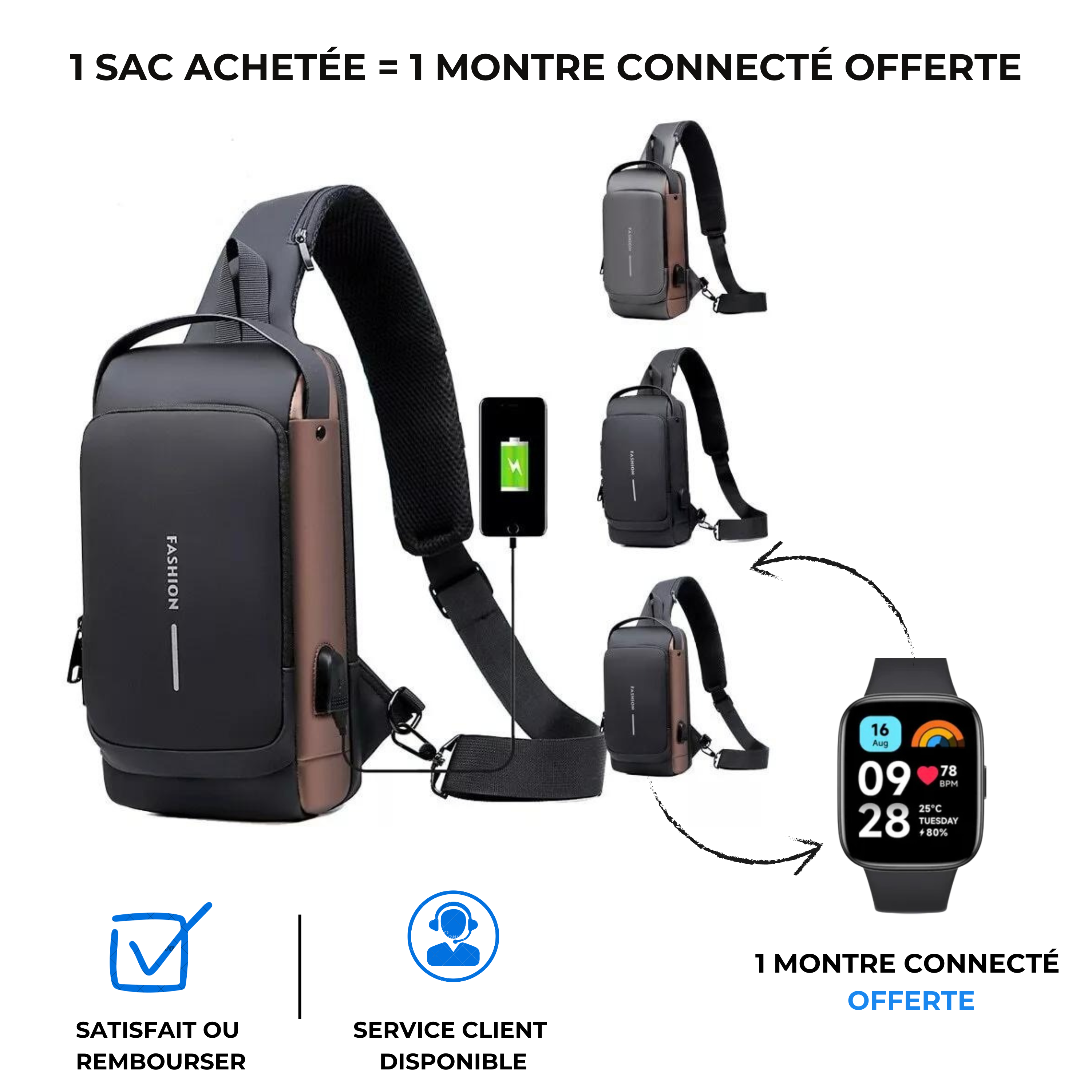 Sac à bandoulière avec port de charge USB ( 1 sac achetée = 1 montre connecté offerte )