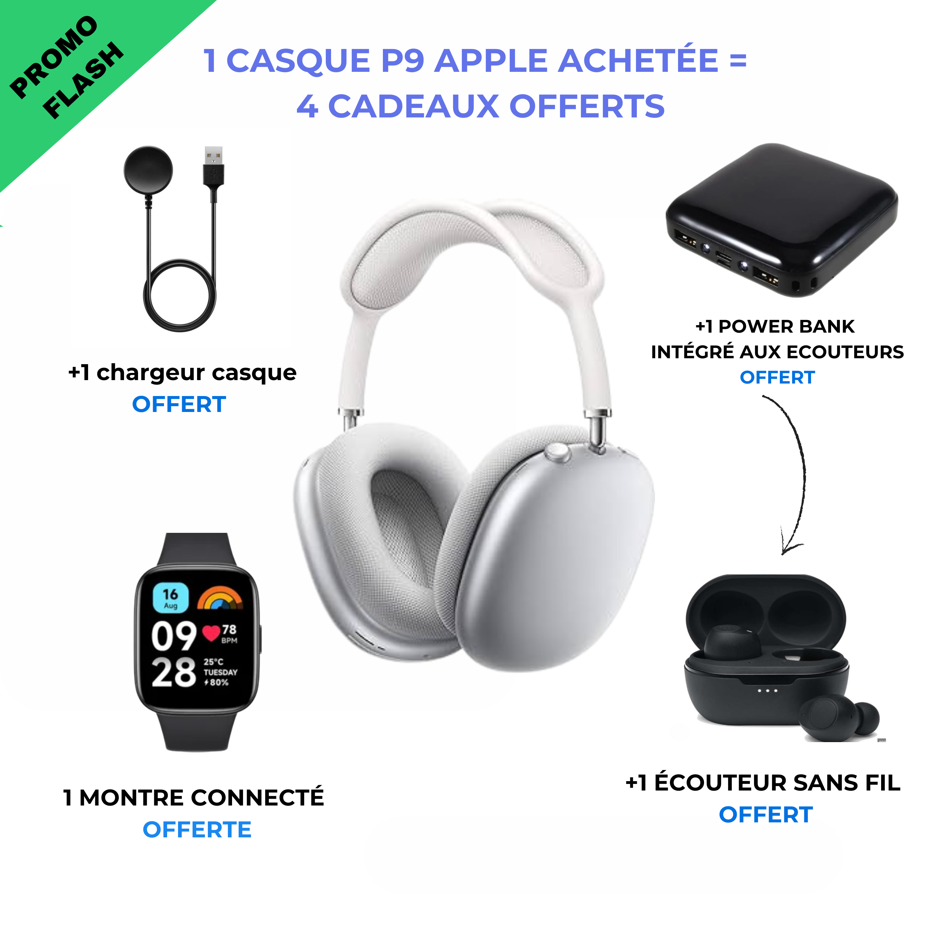 Casque apple P9 + un ecouteur powerbank offert + une montre connecté